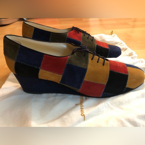 Salvatore Ferragamo Shoes - Ferragamo Multi-Color Patchwork Suede Wedge Oxfords - Women